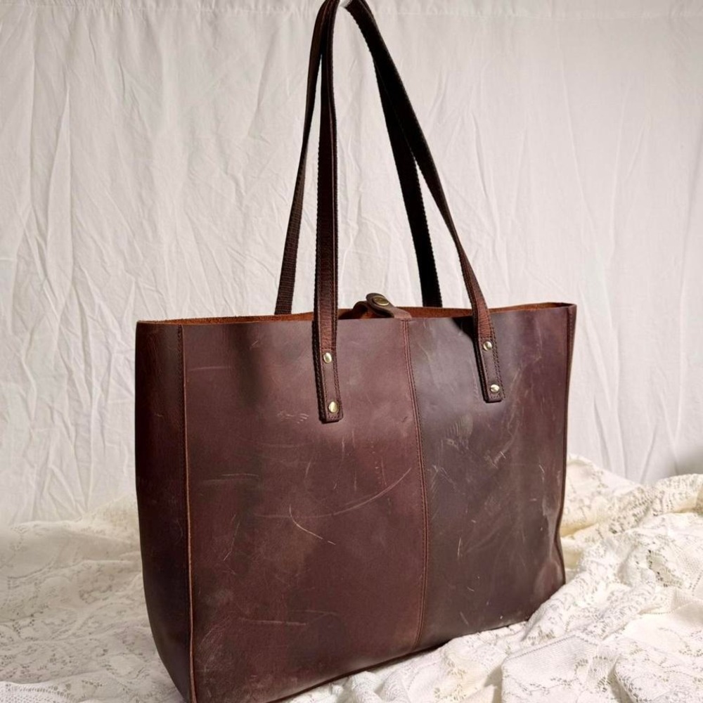 S-ZONE Genuine Leather Shoulder Tote Bag Brown